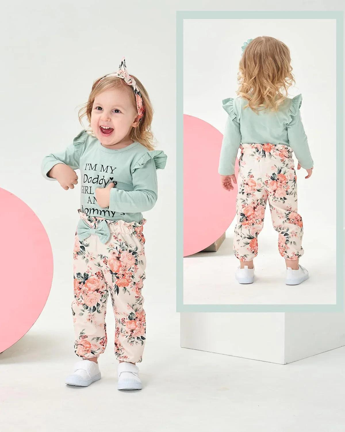 Floral Ruffle Romper & Pants Set – Baby Girl Cotton Outfit 0-3 Months - Dazzling Beauty Solution