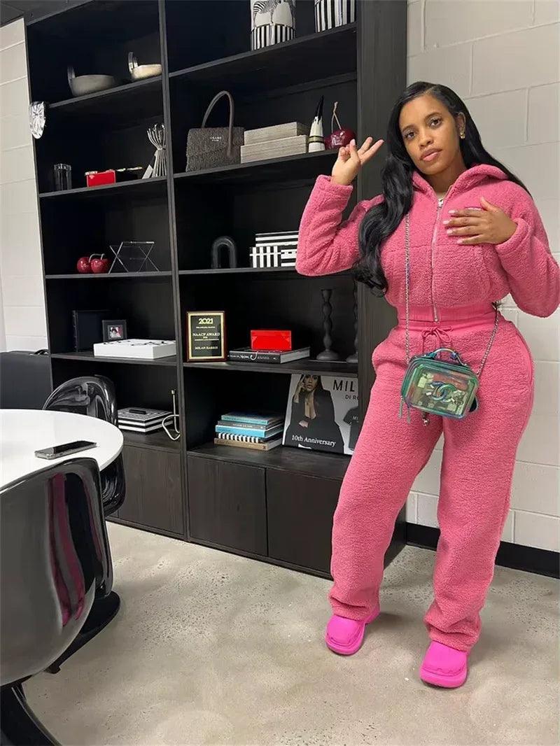 Cozy Up This Winter with Our Solid Plush 2-Piece Women's Zipper Cardigan and Drawstring Pants Set - Dazzling Beauty Solution