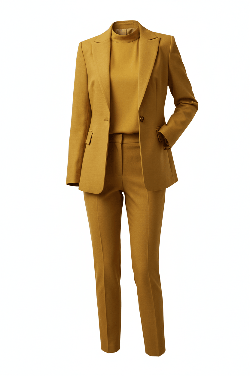 Women's elegant 3-piece office blazer and pant suit set in yellow and blue