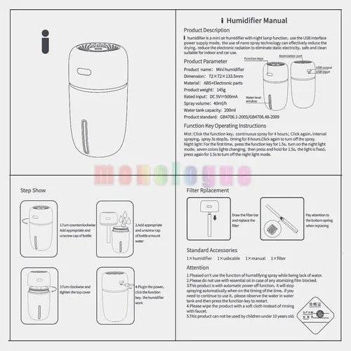 200ml Portable LED Humidifier & Aroma Diffuser – USB Powered with 7-Color Light - Dazzling Beauty Solution